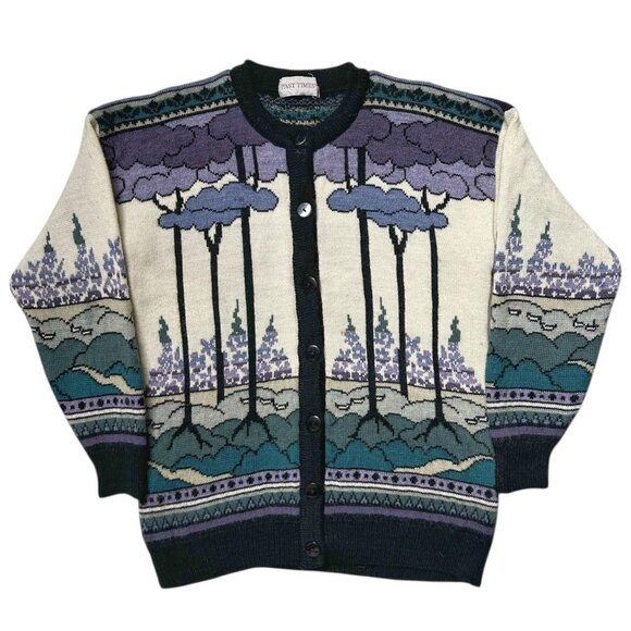 Past Times Sweaters - 90s Vintage wool forest cardigan sweater Past Times UK trees nature pattern.